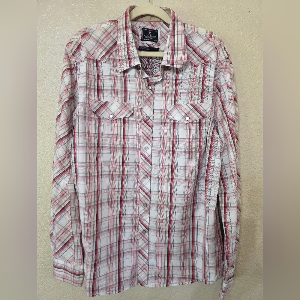 Marc Ecko Mens Plaid Button-Up Shirt - Red and White With Design